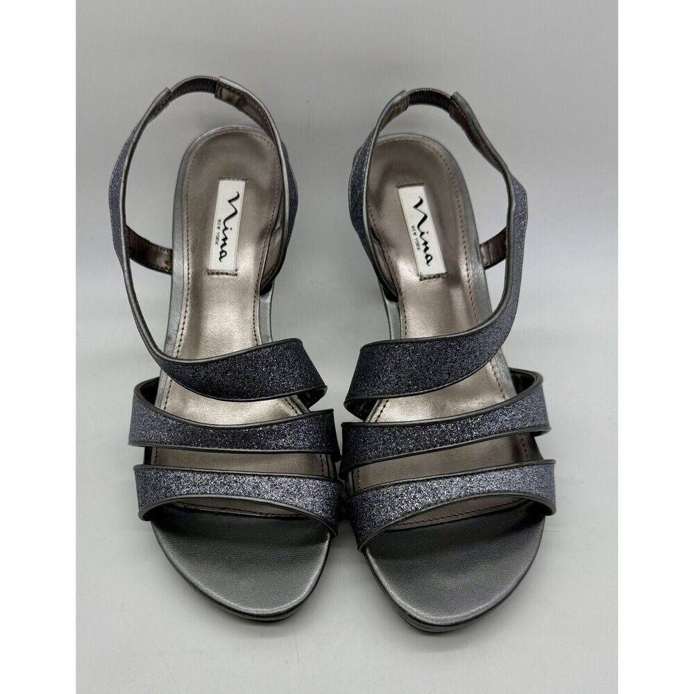 Nina New York Heels Women’s 9 M‎ Silver Sparkle Open Toe Slingback See Notes